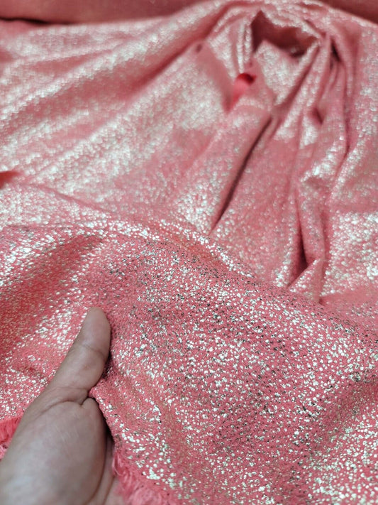 Vibrant Coral Shimmer Gold Stretch Spandex Fabric by the Yard - Elegant Apparel & Crafting Material