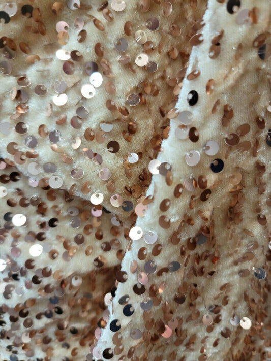 Champagne Beige Stretch Velvet Fabric with Embroidery and Sequins - Sold by the Yard - Ideal for Gowns, Christmas Projects, and More