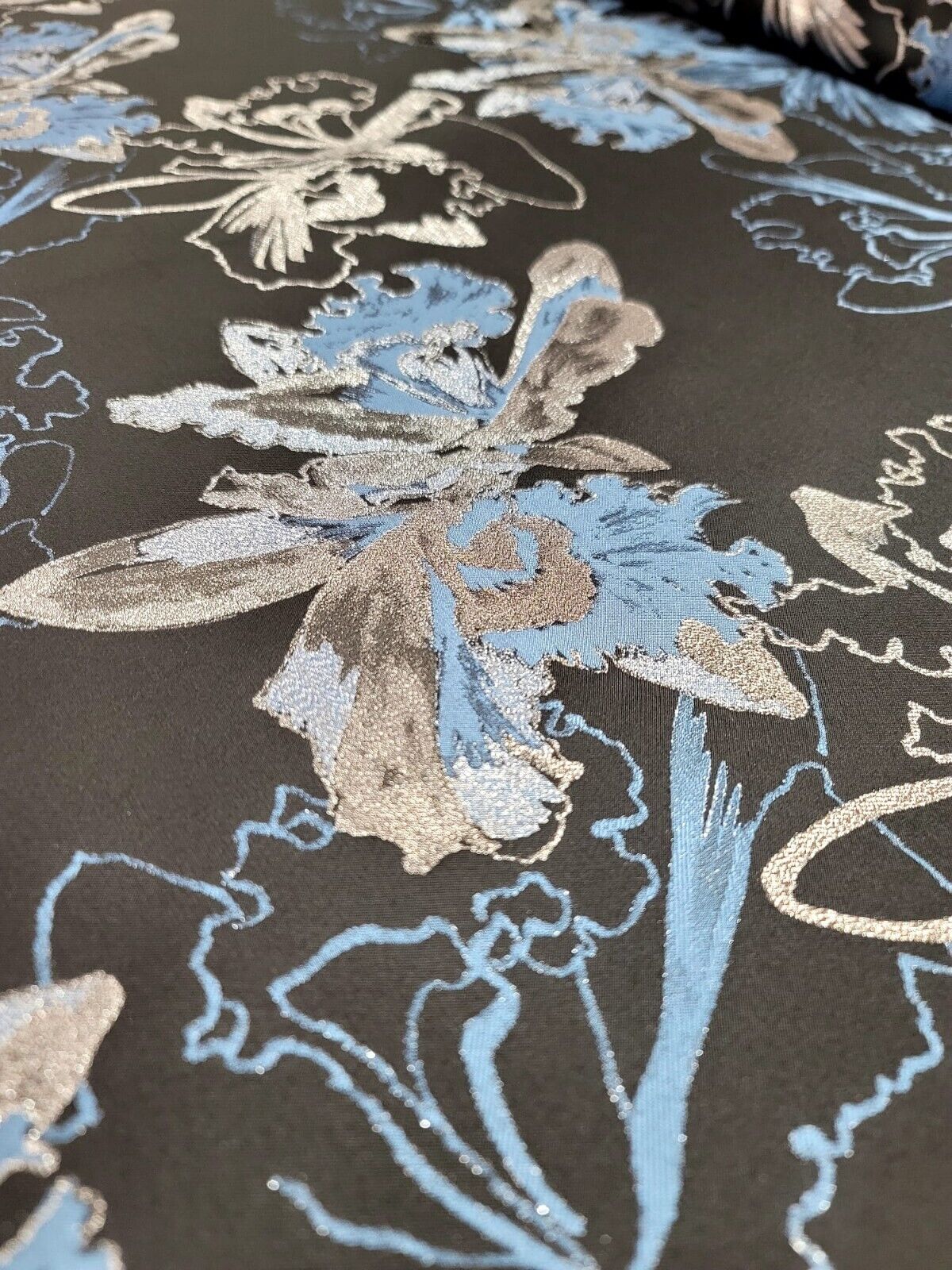 Metallic Silver, Blue Floral On Black Brocade Fabric - 60" Width