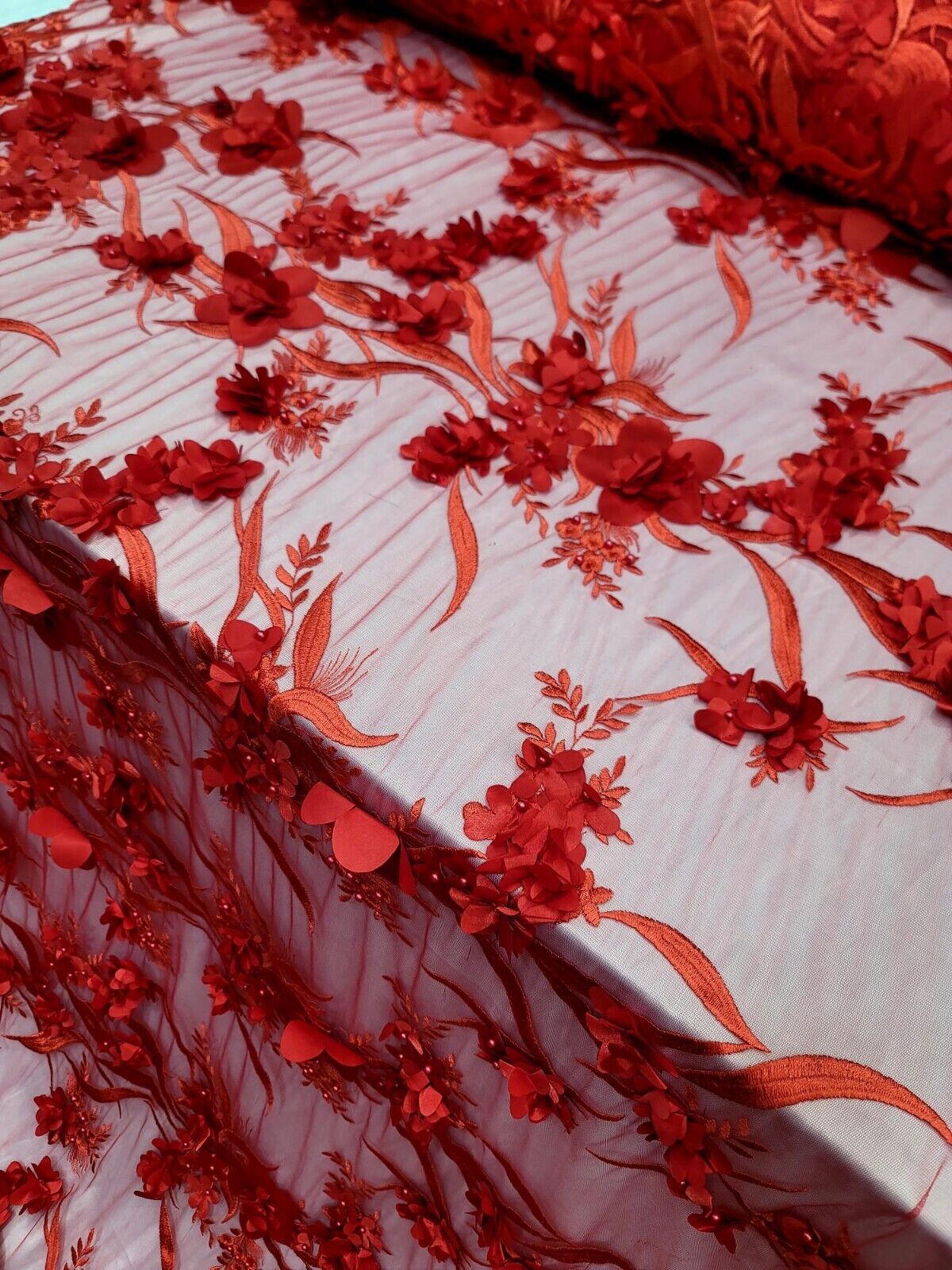 Red 3D Floral Embroidered Pearls Mesh Lace Fabric By The Yard