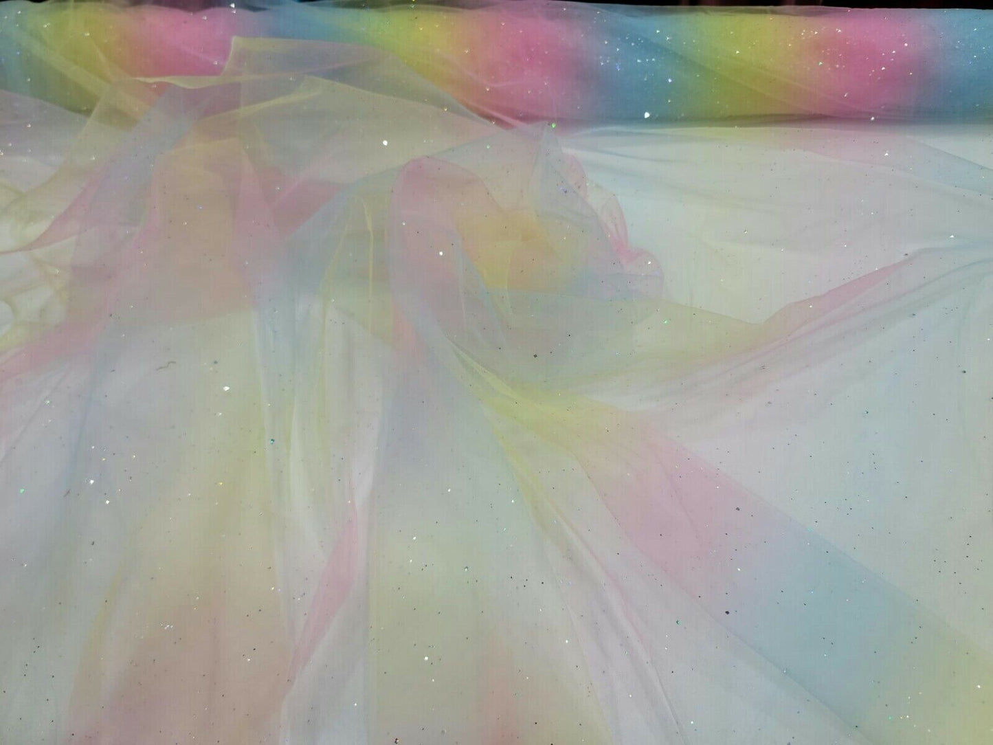 Rainbow Tulle 2-Way Stretch Fabric by the Yard - Ideal for Clothing, Tutus, and Sparkling Crafts - Glued Glitter Finish