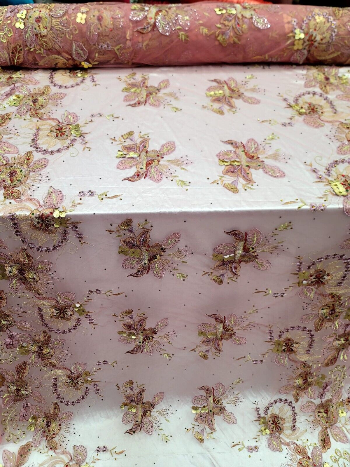 3D Gold Floral Coral Lace Fabric with Rhinestones - Sold by the Yard