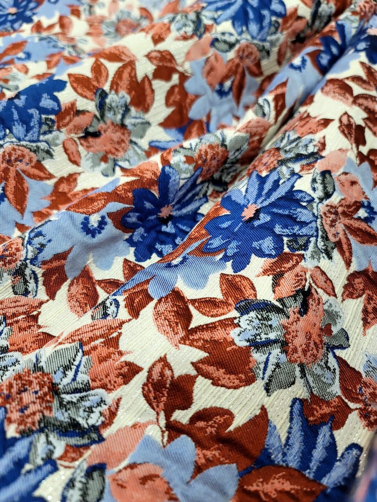 Blue Maroon Coral Floral Chenille Upholstery Brocade Fabric (54 inches) - Sold by the Yard