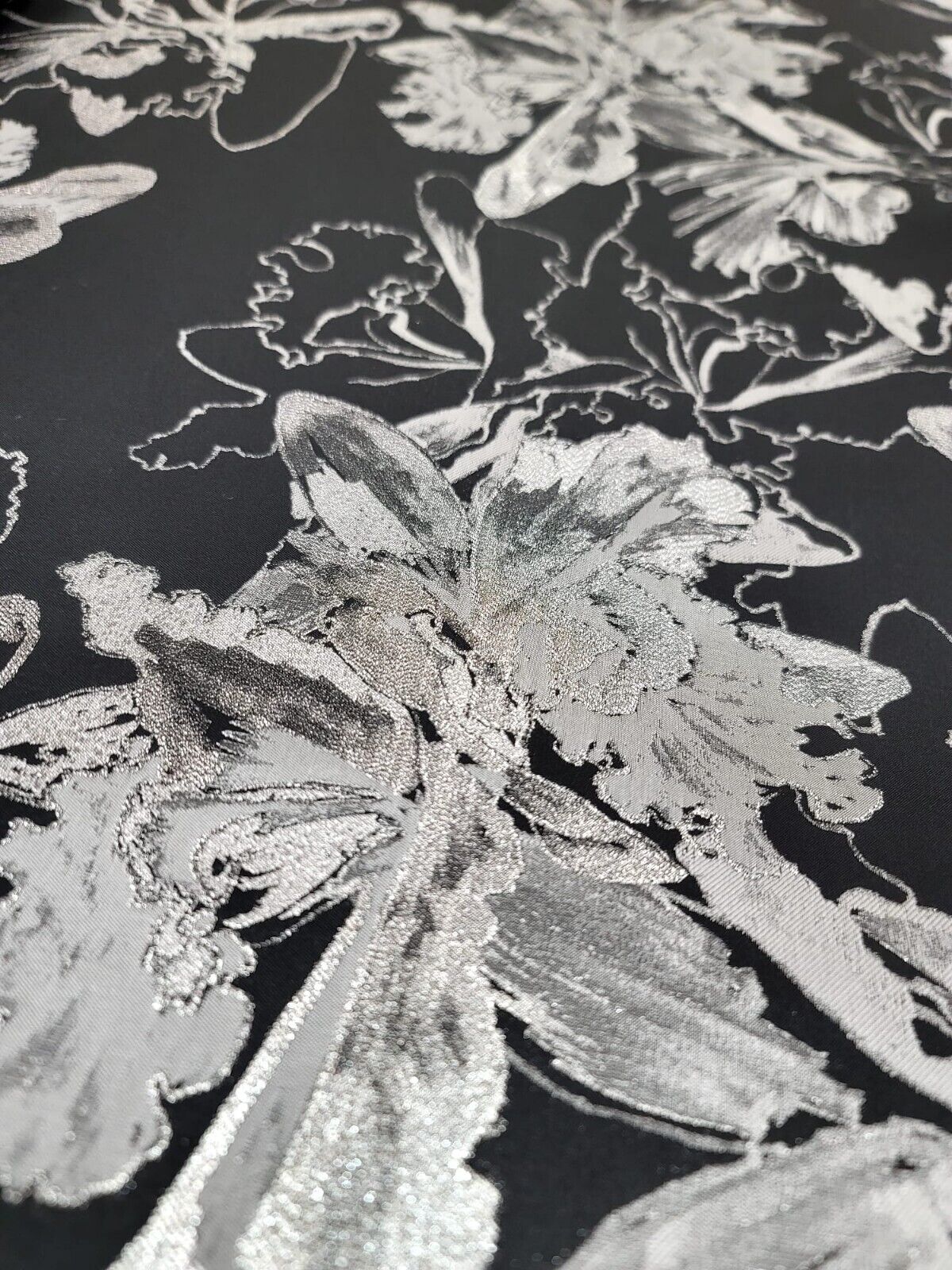 Silver Floral Black Brocade Fabric - 60" Width - Sold by the Yard