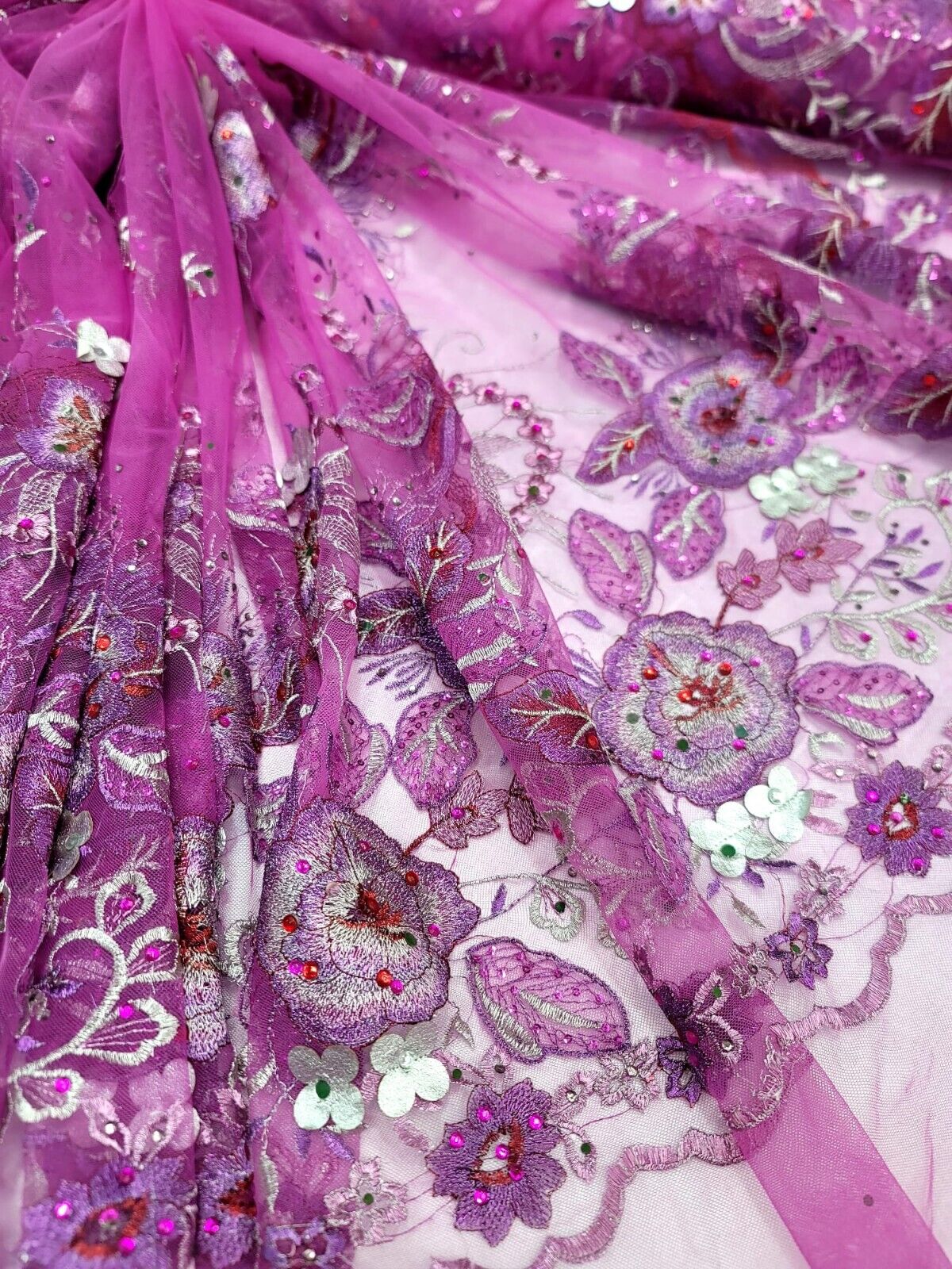 Purple Lace Fabric by the Yard - Floral 3D Silver Flower Embroidered with Glued Rhinestones