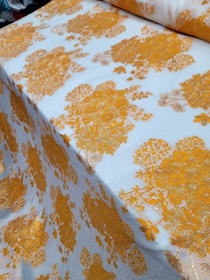 ORANGE GOLD Floral Brocade Fabric (60 in.) Sold By The Yard On White Organza smart-textile smart-textile (1414)