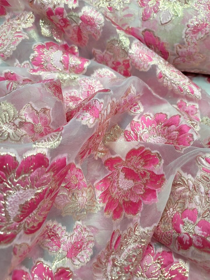 Pink Fuchsia Floral Brocade on Clear Organza Fabric - Sold By the Yard - Metallic - 60 Inches Wide"