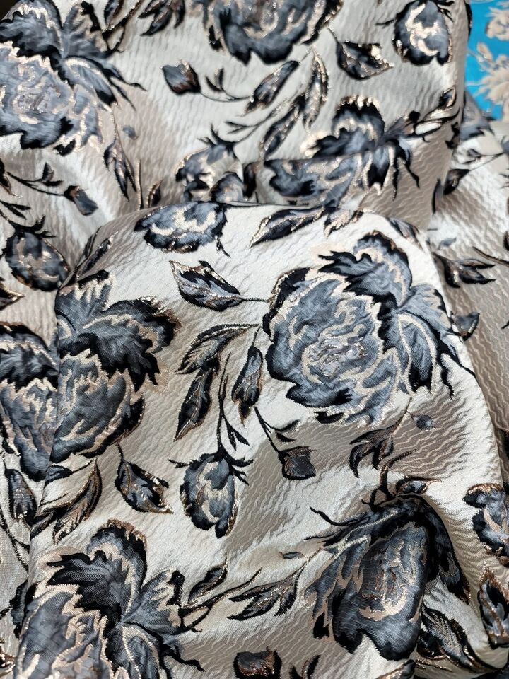 Gray Black Floral Flowers Brocade Gold Metallic On Beige Jacquard Fabric By Yard smart-textile smart-textile (1414)