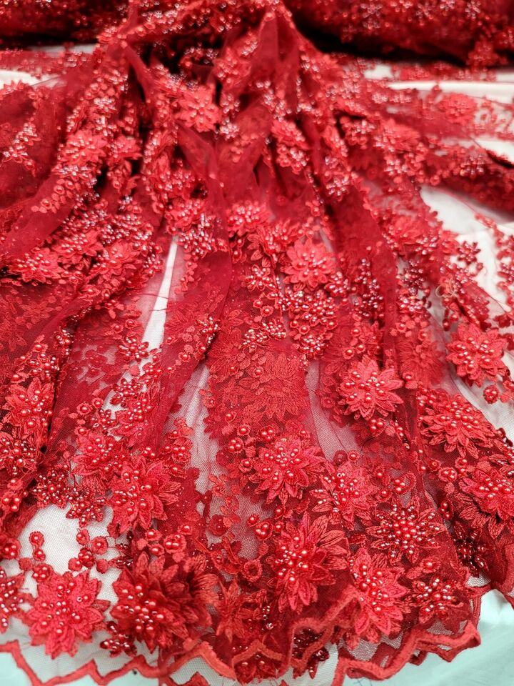 Lace Fabric Red 3D Flower Beaded Bridal Wedding Dress Fabric Sold By The Yard