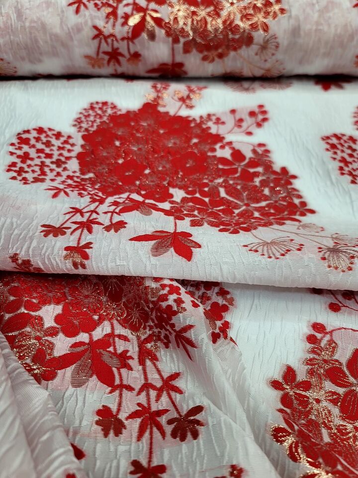 Red Gold Floral Metallic Brocade Fabric Width Sold By The Yard On White Organza