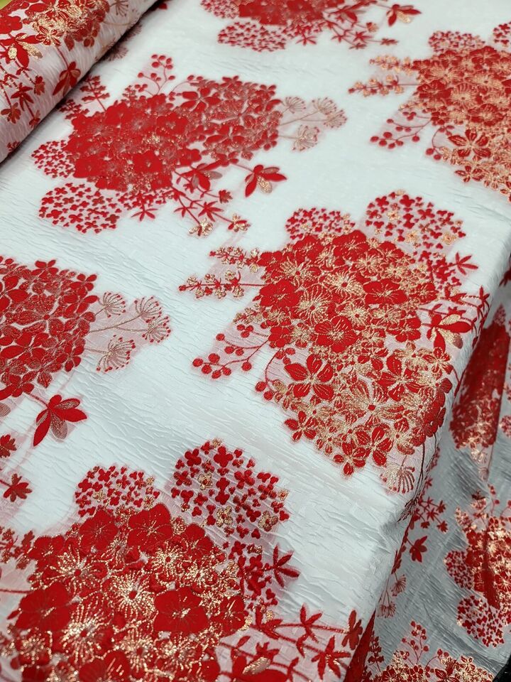 Red Gold Floral Metallic Brocade Fabric Width Sold By The Yard On White Organza