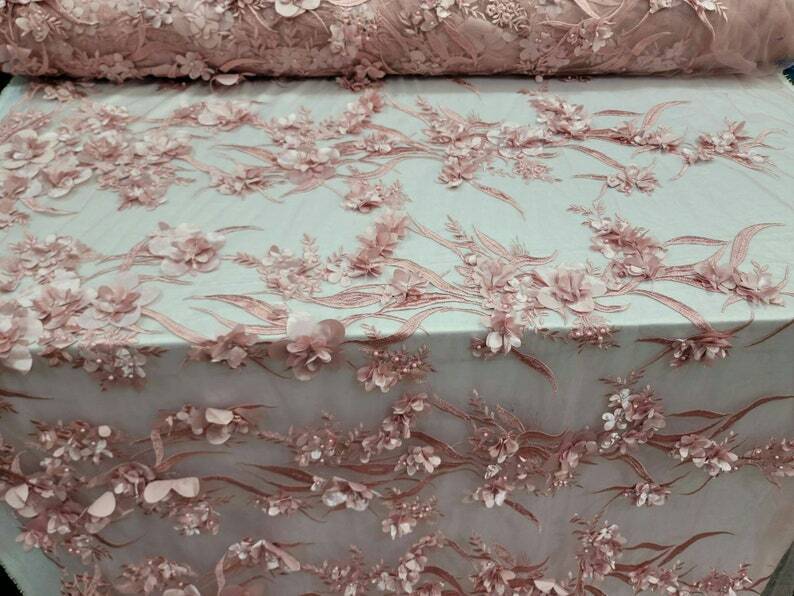 Dusty Rose 3D Lace Floral Flowers Embroidered with Pearls Prom Fabric - Sold By the Yard - 59 Inches Wide