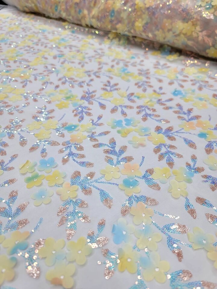 Yellow 3D Flowers/Floral Iridescent Sequins Embroidered Lace Fabric By The Yard
