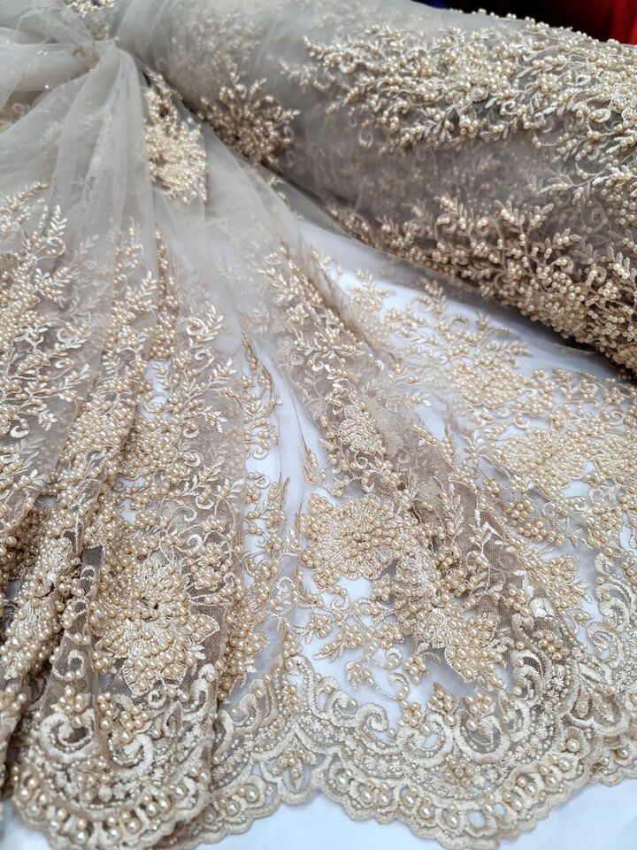 Fabric Lace Beaded Embroidered Beaded Bridal Veil Champagne Wedding By The Yard