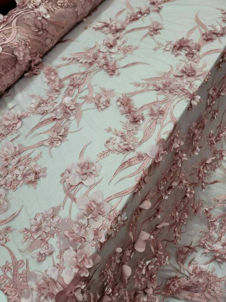 Dusty Rose 3D Lace Floral Flowers Embroidered with Pearls Prom Fabric - Sold By the Yard - 59 Inches Wide