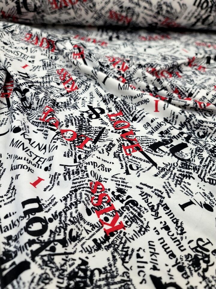 Rayon Jersey Spandex Knit Fabric by the Yard - Newspaper Love Kiss Print (60" Width)