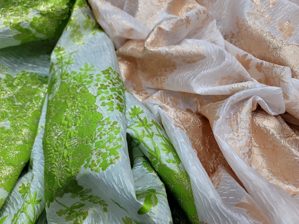 Metallic Lime Green Floral Brocade White Organza Fabric By Yard 57" W FOR DRESS