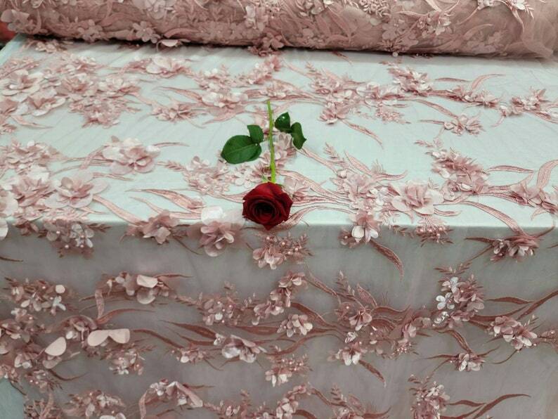 Dusty Rose 3D Lace Floral Flowers Embroidered with Pearls Prom Fabric - Sold By the Yard - 59 Inches Wide