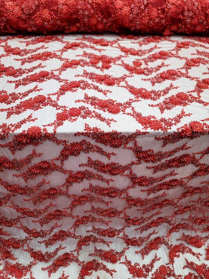 Lace Fabric Red 3D Flower Beaded Bridal Wedding Dress Fabric Sold By The Yard
