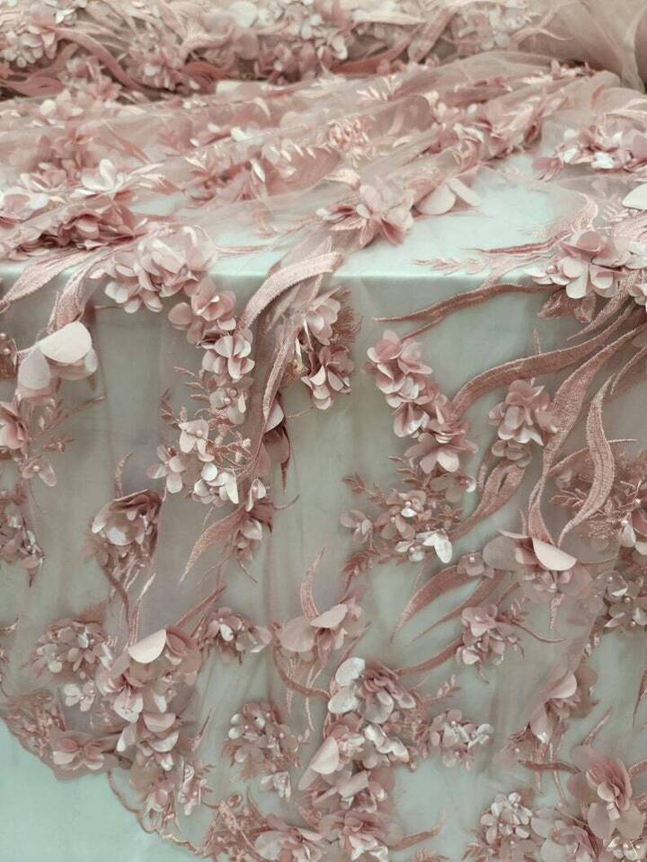 Dusty Rose 3D Lace Floral Flowers Embroidered with Pearls Prom Fabric - Sold By the Yard - 59 Inches Wide