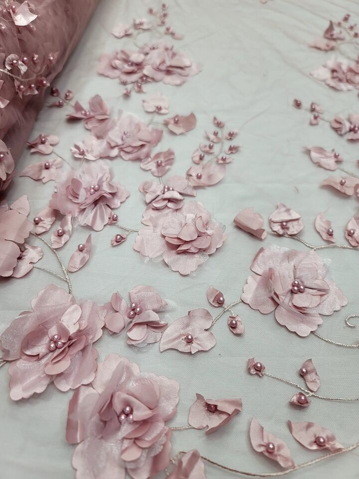 3D Rose Plant Lace Dusty Rose Embroidered Flower Design Rose Fabric by Yard PROM