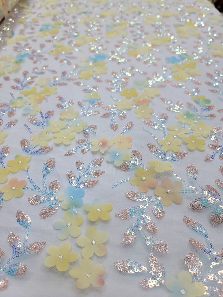 Yellow 3D Flowers/Floral Iridescent Sequins Embroidered Lace Fabric By The Yard