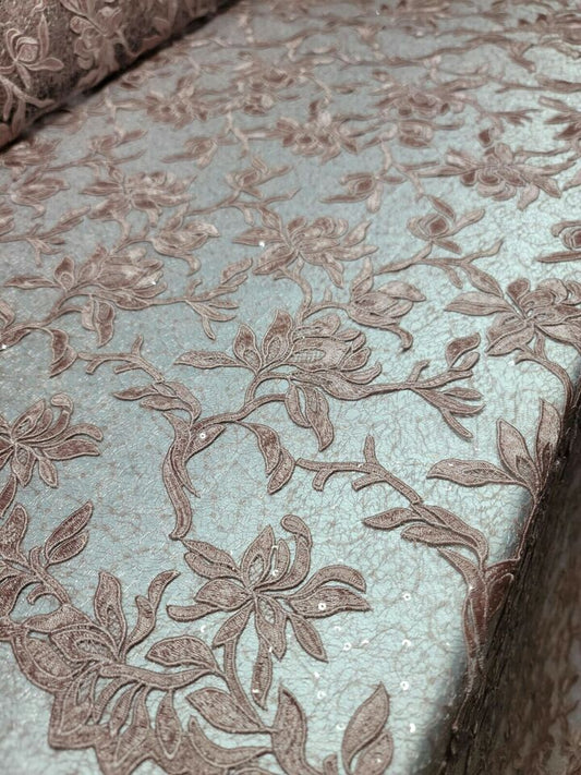 Dusty Rose Lace Guipure Mesh Embroidery with Clear Sequin Floral Fabric - Sold By the Yard - 59 Inches Wide