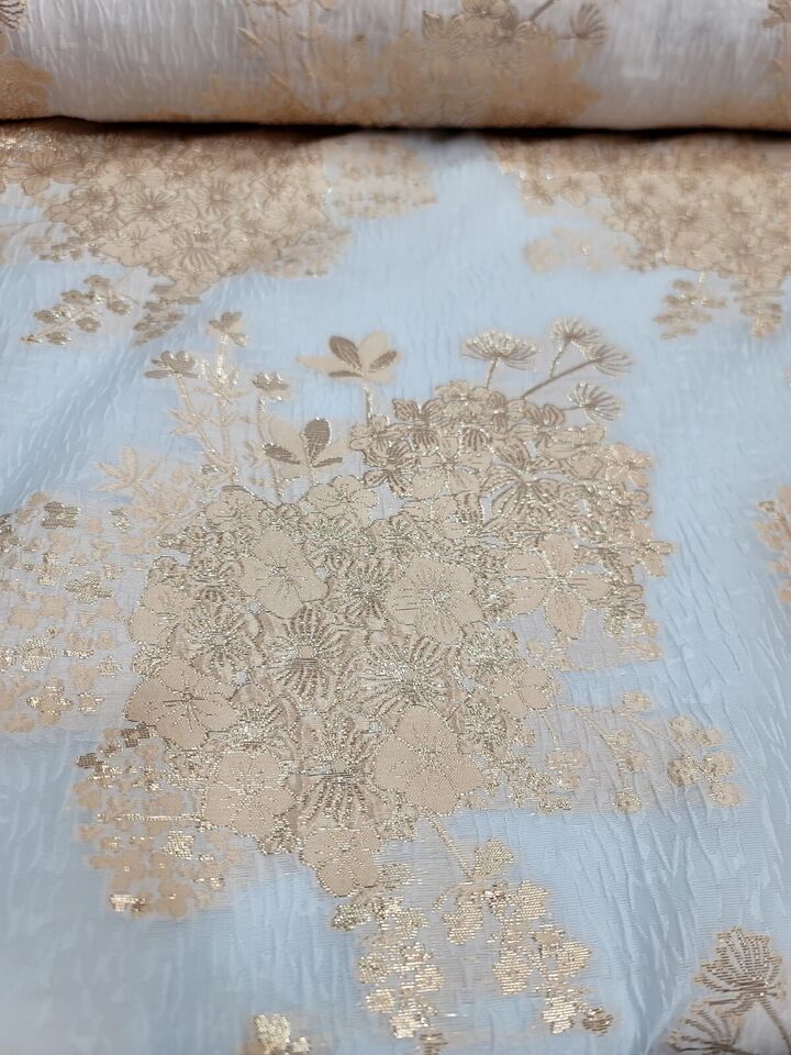 Beige Silk Brocade Floral Flowers On White Organza Fabric By The Yard 57" W smart-textile smart-textile (1414)
