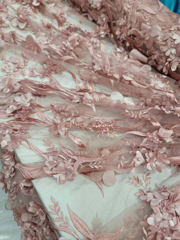 Dusty Rose 3D Lace Floral Flowers Embroidered with Pearls Prom Fabric - Sold By the Yard - 59 Inches Wide