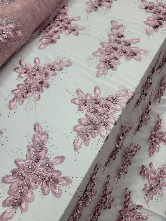 Dusty Rose Mauve 3D Floral Lace Fabric By the Yard - Perfect for Quinceañera Dress and Bridal Gown - 59 Inches Wide