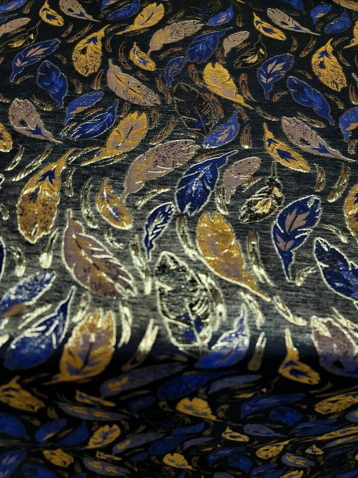 Navy Blue Leaves Gold Brocade Fabric By the Yard 57" Wide Fashion Jacquard