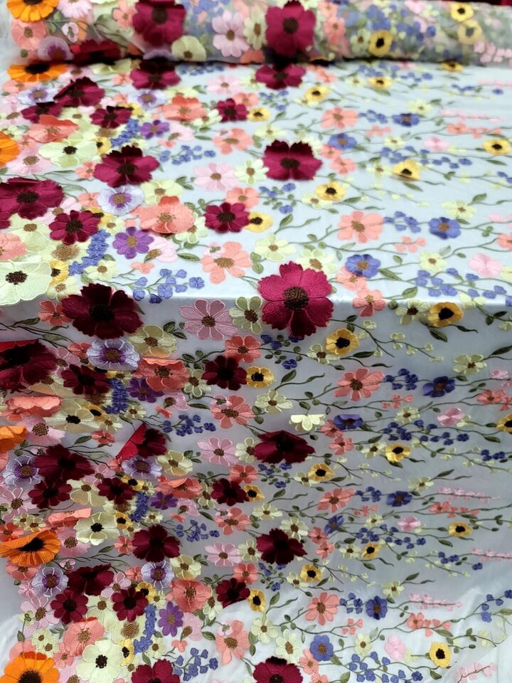 3D Multicolor Flower Lace Fabric - Sold by the Yard (60" Width) - White Mesh for Dress, Prom, Bridal