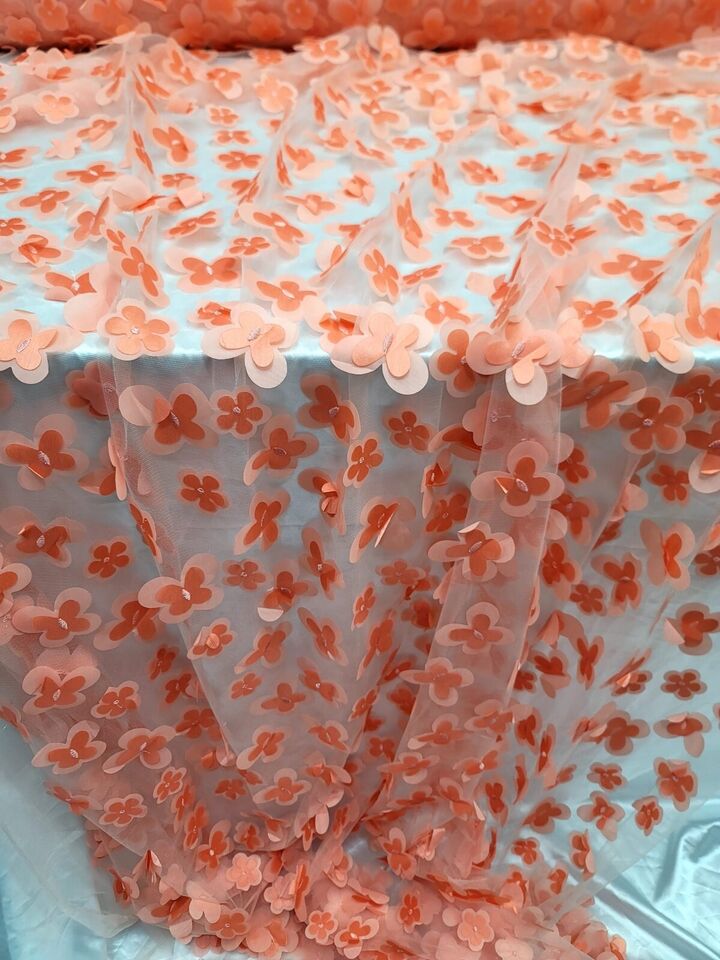 Royalty Bridal Luxury Coral 3D Floral Lace Fabric - Sold by the Yard (60" Width) with Butterflies Design