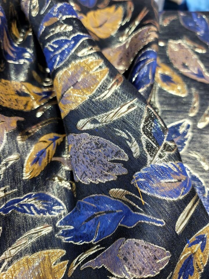 Navy Blue Leaves Gold Brocade Fabric By the Yard 57" Wide Fashion Jacquard