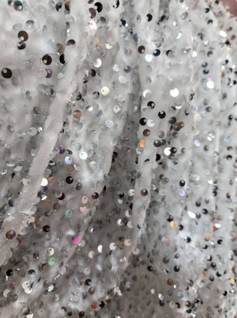 White Velvet Fabric Sold by Yard Embroidery Silver Sequin Gown Quinceañera Gorgeous Decoration Draping Backdrop