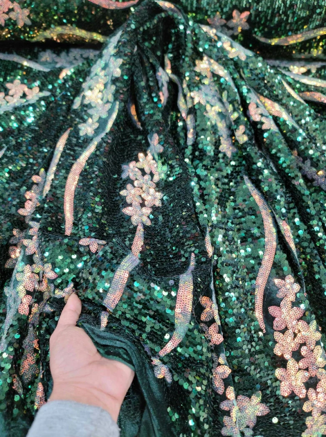 Emerald Green Sequin On Velvet Iridescent Sequin Hologram Embroidery Fabric By The Yard Gown Quinceañera Bridal Prom