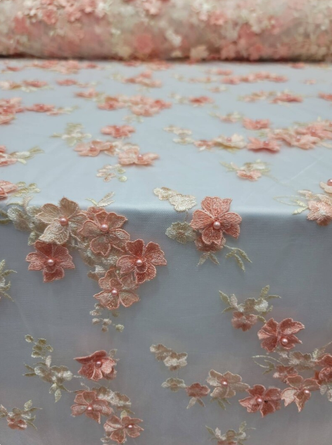3D Embroidery Floral Fabric By The Yard Prom Bridal Quinceañera Flowers On Mesh Pearls Embroidery
