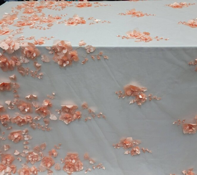 3D Floral Lace Peach Flowers Fabric By The Yard Pearls On Mesh