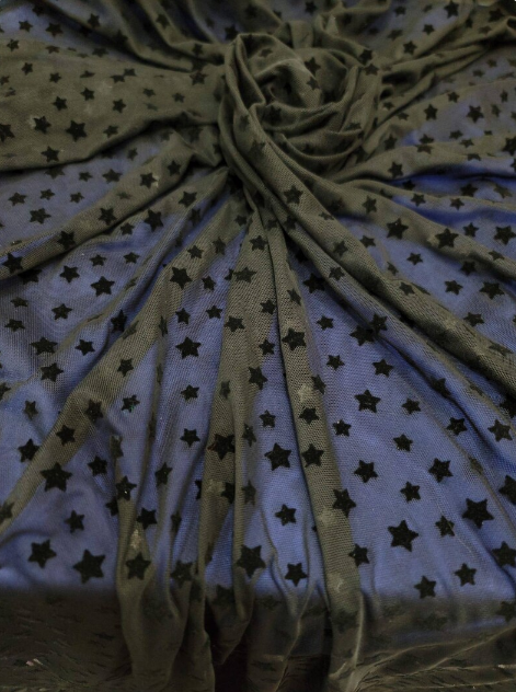 Four Way Stretch Lace Black Velvet Stars Fashion Fabric Sold By The Yard