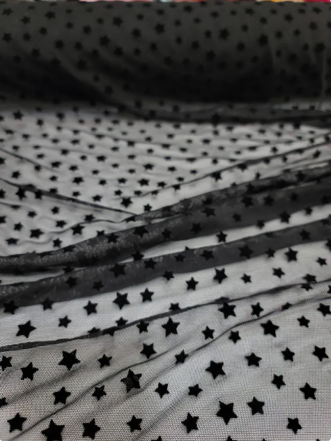 Four Way Stretch Lace Black Velvet Stars Fashion Fabric Sold By The Yard