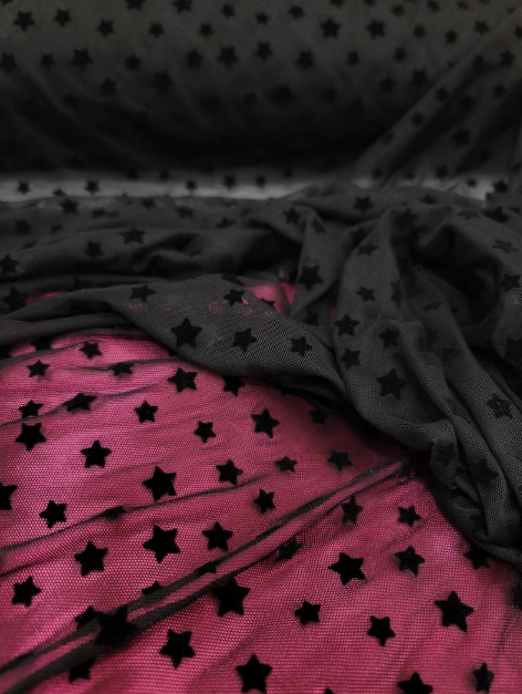 Four Way Stretch Lace Black Velvet Stars Fashion Fabric Sold By The Yard