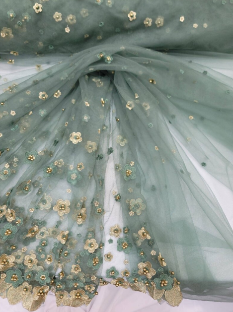 Sage Lace Embroidery Pearls 3d Gold Floral Sari Prom Fabric Sold by the Yard Gown Quinceañera Bridal Evening Dress Gold Metallic