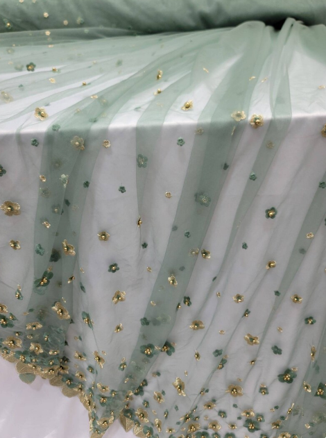 Sage Lace Embroidery Pearls 3d Gold Floral Sari Prom Fabric Sold by the Yard Gown Quinceañera Bridal Evening Dress Gold Metallic