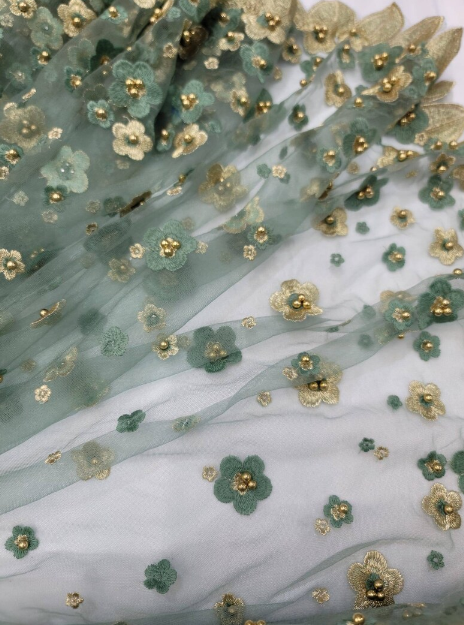 Sage Lace Embroidery Pearls 3d Gold Floral Sari Prom Fabric Sold by the Yard Gown Quinceañera Bridal Evening Dress Gold Metallic