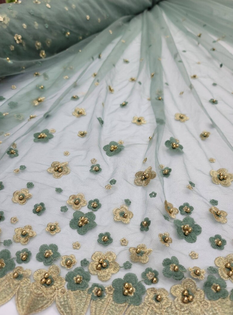 Sage Lace Embroidery Pearls 3d Gold Floral Sari Prom Fabric Sold by the Yard Gown Quinceañera Bridal Evening Dress Gold Metallic