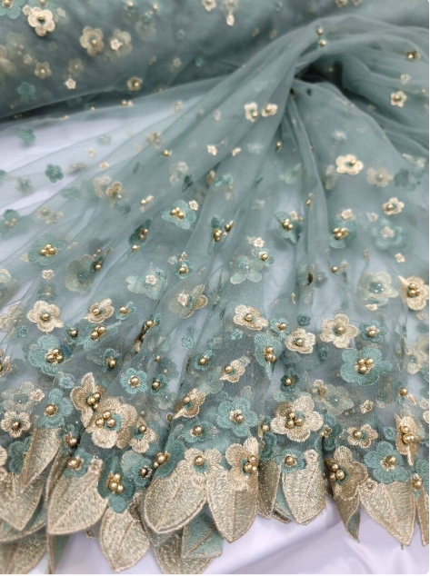 Sage Lace Embroidery Pearls 3d Gold Floral Sari Prom Fabric Sold by the Yard Gown Quinceañera Bridal Evening Dress Gold Metallic