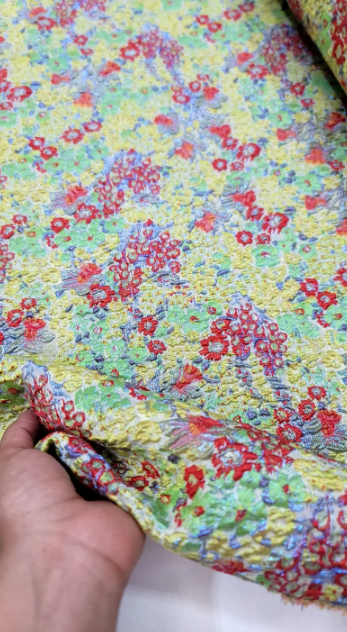 Green Brocade Jacquard Red Floral Blue Fabric Sold by The Yard Textured Embossed