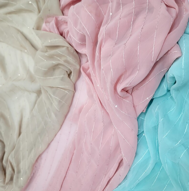 Chiffon Fabric Sold By The Yard Embroidery Clear Sequins Striped Fashion Sheer Fabric Fashion Flowy