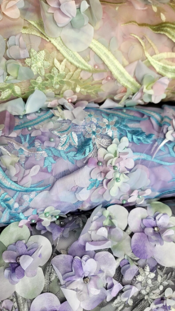 Multicolor Beaded Lace 3d Floral Flowers Pearls On Mesh Fabric Sold By The Yard Lavender Gray Blush