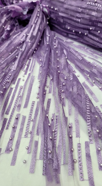 3D Floral Lavander Embroidery Pearls On Mesh Lace Sold By The Yard